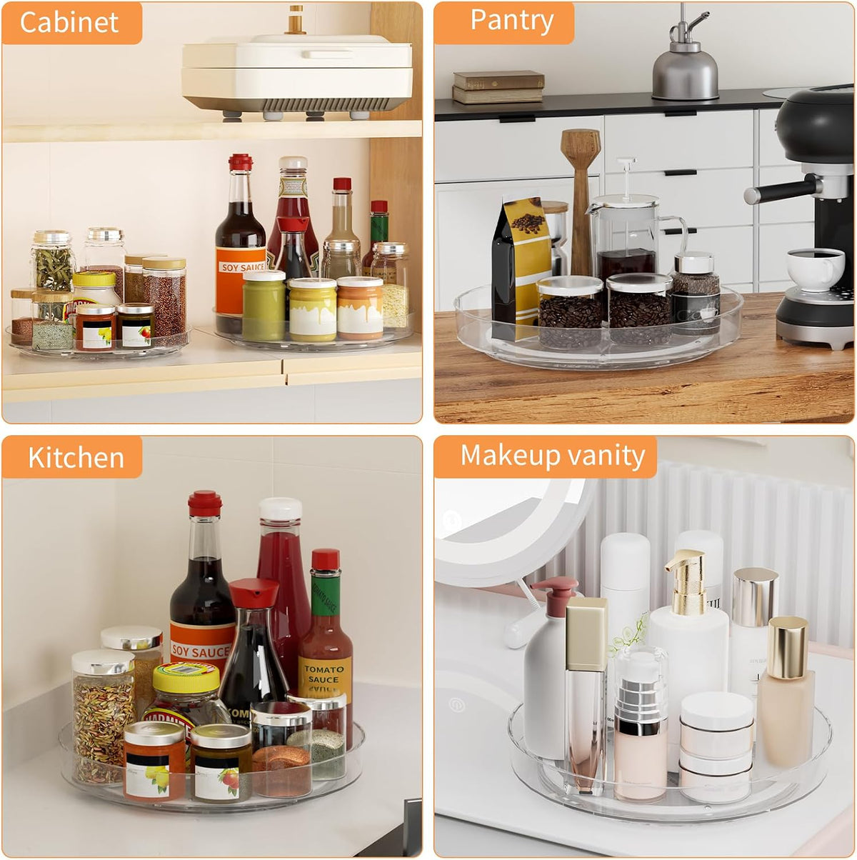 Lazy Susan Organizer Turntable, Clear 9 Inch Rotating Organizer Tray for Cabinet Table Top, Round Non-Skid Refrigerator Lazy Susan, Kitchen Storage for Pantry Countertop Bathroom, Spice Rack
