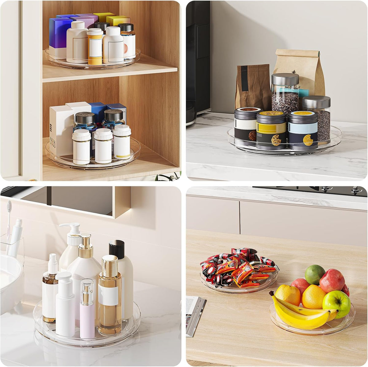 Lazy Susan Organizer Turntable, Clear 9 Inch Rotating Organizer Tray for Cabinet Table Top, Round Non-Skid Refrigerator Lazy Susan, Kitchen Storage for Pantry Countertop Bathroom, Spice Rack