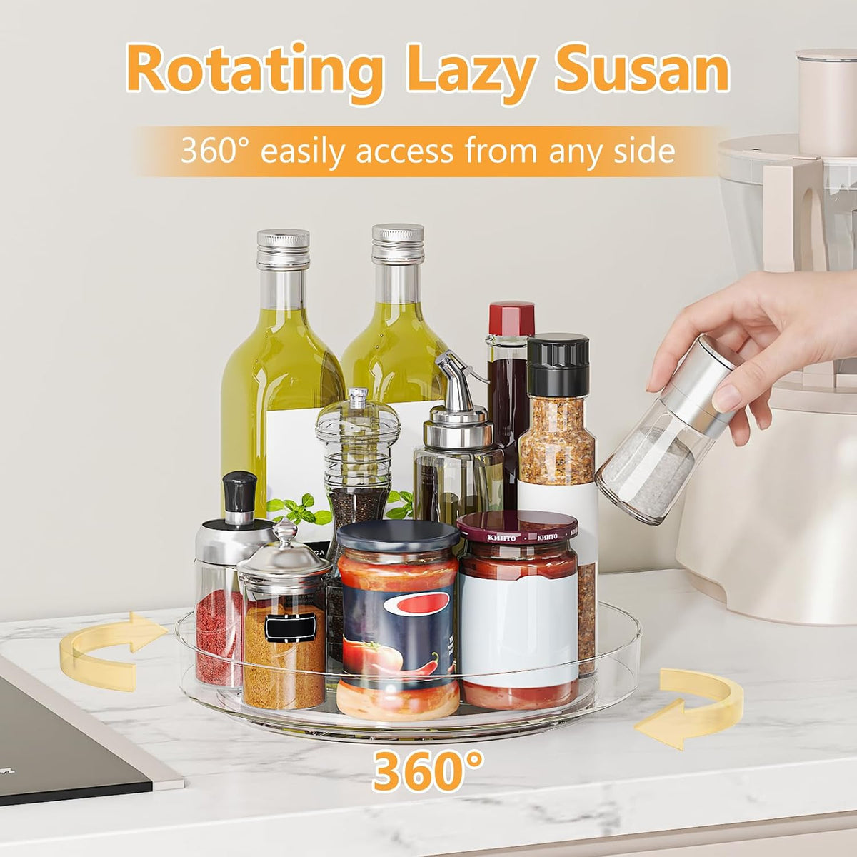 Lazy Susan Organizer Turntable, Clear 9 Inch Rotating Organizer Tray for Cabinet Table Top, Round Non-Skid Refrigerator Lazy Susan, Kitchen Storage for Pantry Countertop Bathroom, Spice Rack