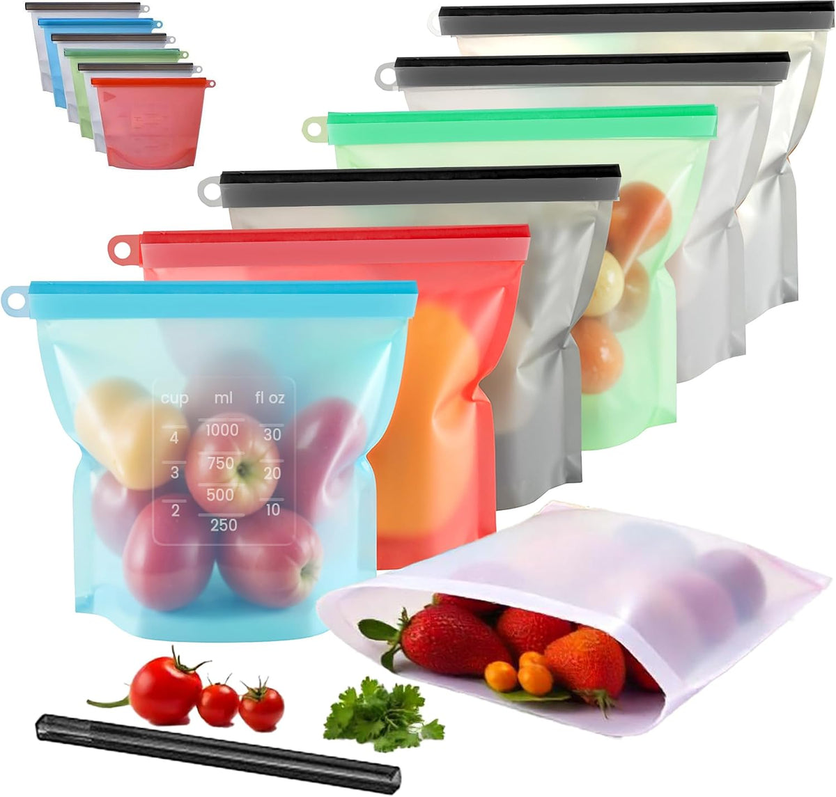 Performore Reusable Silicone Food Storage Bags 6 Pack | 9.5" x 8.5" x 2" | Leakproof, Freezer & Microwave Safe | Eco-Friendly, BPA-Free, Dishwasher Safe | Ideal for Meal Prep, Snacks, and Sous Vide