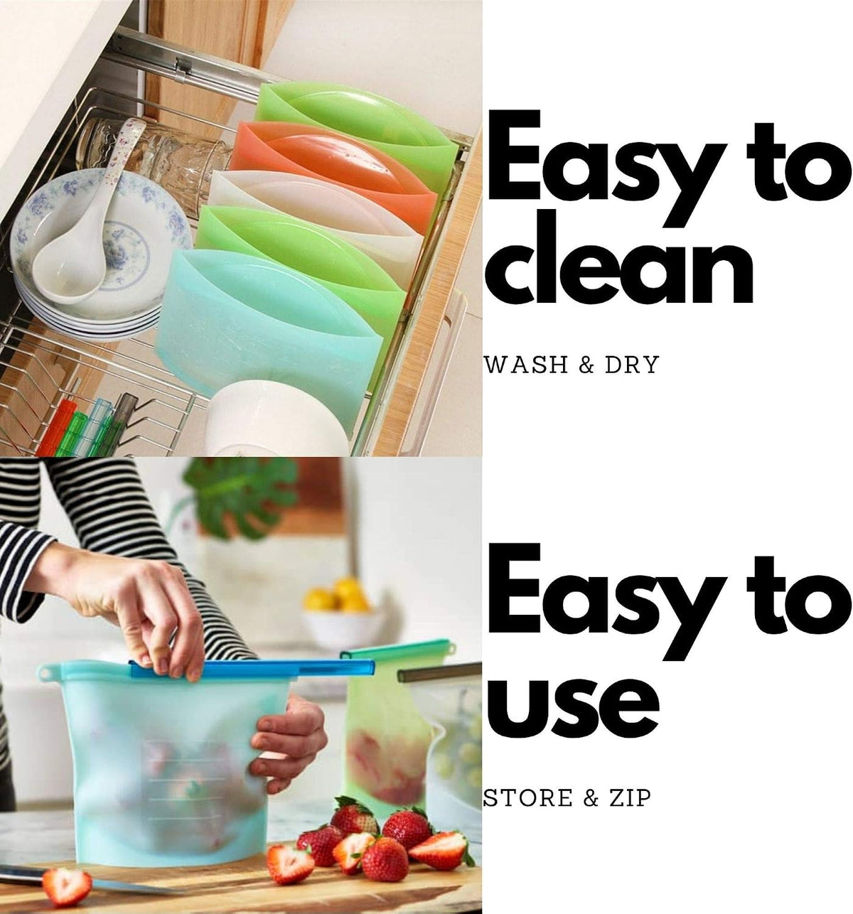 Performore Reusable Silicone Food Storage Bags 6 Pack | 9.5" x 8.5" x 2" | Leakproof, Freezer & Microwave Safe | Eco-Friendly, BPA-Free, Dishwasher Safe | Ideal for Meal Prep, Snacks, and Sous Vide