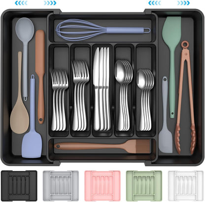 Extra Large Expandable Silverware Organizer, Flatware Tray, Black | BPA-Free Food-Safe Kitchen Utensil Cutlery Drawer Organizer, Adjustable Silverware Holder for Spoons Forks Knives
