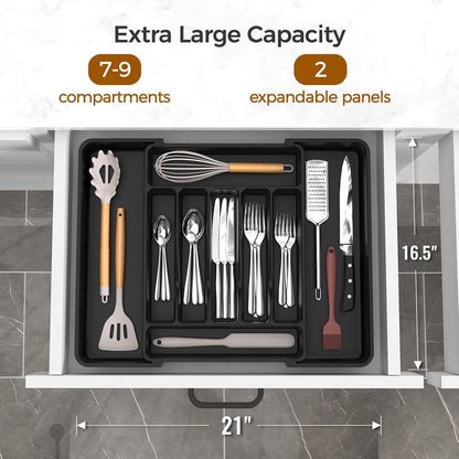 Extra Large Expandable Silverware Organizer, Flatware Tray, Black | BPA-Free Food-Safe Kitchen Utensil Cutlery Drawer Organizer, Adjustable Silverware Holder for Spoons Forks Knives