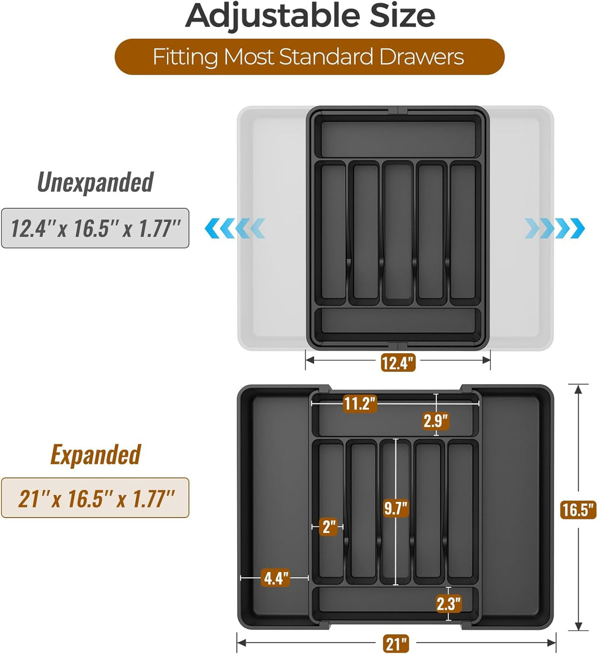 Extra Large Expandable Silverware Organizer, Flatware Tray, Black | BPA-Free Food-Safe Kitchen Utensil Cutlery Drawer Organizer, Adjustable Silverware Holder for Spoons Forks Knives