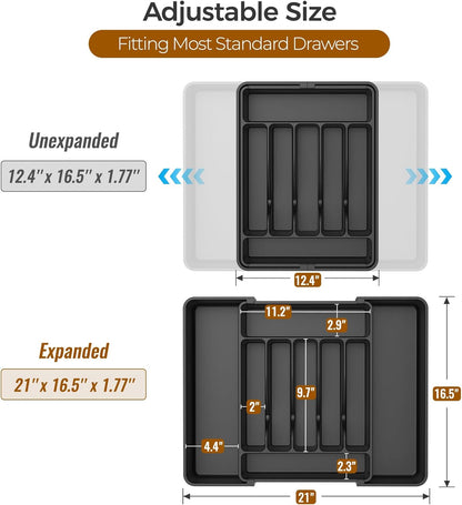 Extra Large Expandable Silverware Organizer, Flatware Tray, Black | BPA-Free Food-Safe Kitchen Utensil Cutlery Drawer Organizer, Adjustable Silverware Holder for Spoons Forks Knives