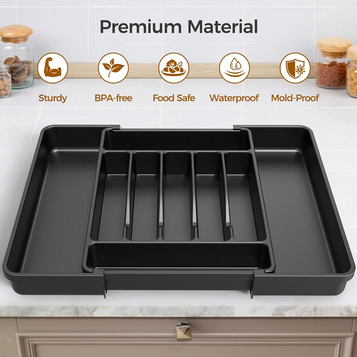 Extra Large Expandable Silverware Organizer, Flatware Tray, Black | BPA-Free Food-Safe Kitchen Utensil Cutlery Drawer Organizer, Adjustable Silverware Holder for Spoons Forks Knives