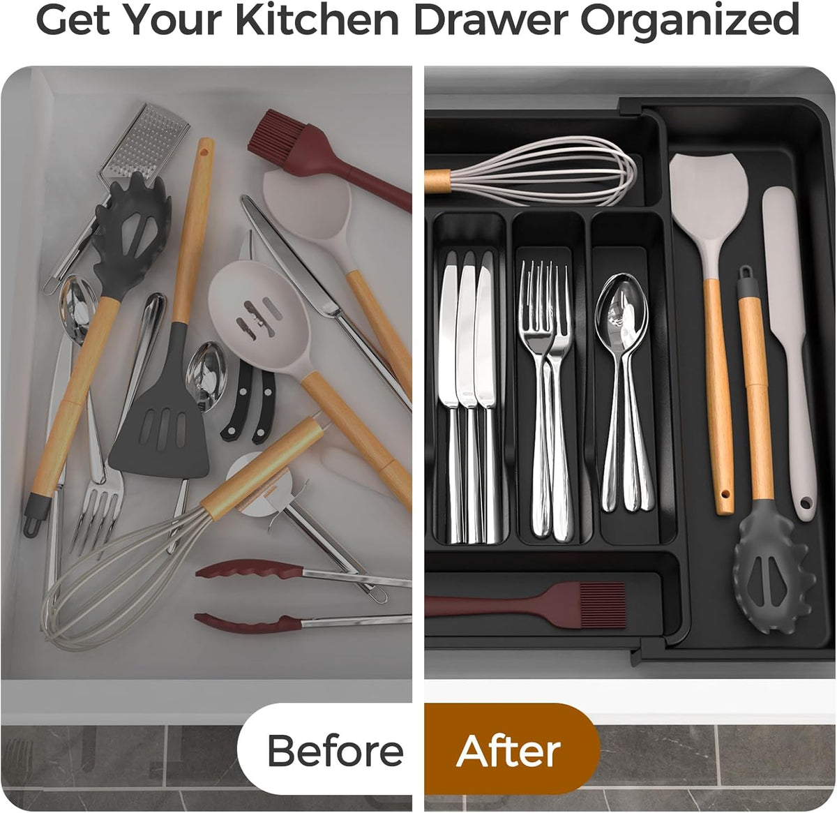 Extra Large Expandable Silverware Organizer, Flatware Tray, Black | BPA-Free Food-Safe Kitchen Utensil Cutlery Drawer Organizer, Adjustable Silverware Holder for Spoons Forks Knives