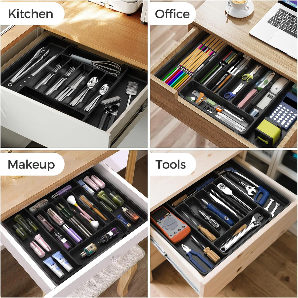 Extra Large Expandable Silverware Organizer, Flatware Tray, Black | BPA-Free Food-Safe Kitchen Utensil Cutlery Drawer Organizer, Adjustable Silverware Holder for Spoons Forks Knives