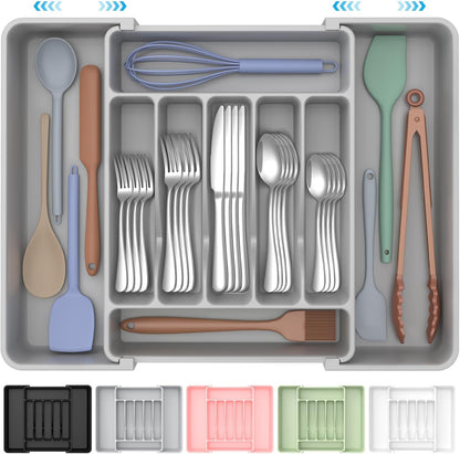 Extra Large Expandable Silverware Organizer, Flatware Tray, Black | BPA-Free Food-Safe Kitchen Utensil Cutlery Drawer Organizer, Adjustable Silverware Holder for Spoons Forks Knives