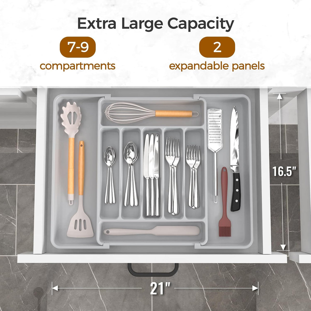 Extra Large Expandable Silverware Organizer, Flatware Tray, Black | BPA-Free Food-Safe Kitchen Utensil Cutlery Drawer Organizer, Adjustable Silverware Holder for Spoons Forks Knives