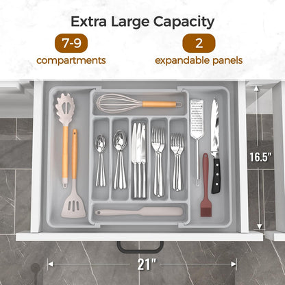 Extra Large Expandable Silverware Organizer, Flatware Tray, Black | BPA-Free Food-Safe Kitchen Utensil Cutlery Drawer Organizer, Adjustable Silverware Holder for Spoons Forks Knives
