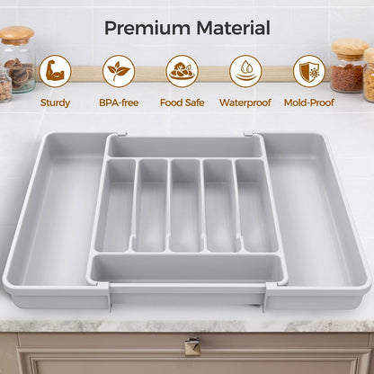 Extra Large Expandable Silverware Organizer, Flatware Tray, Black | BPA-Free Food-Safe Kitchen Utensil Cutlery Drawer Organizer, Adjustable Silverware Holder for Spoons Forks Knives