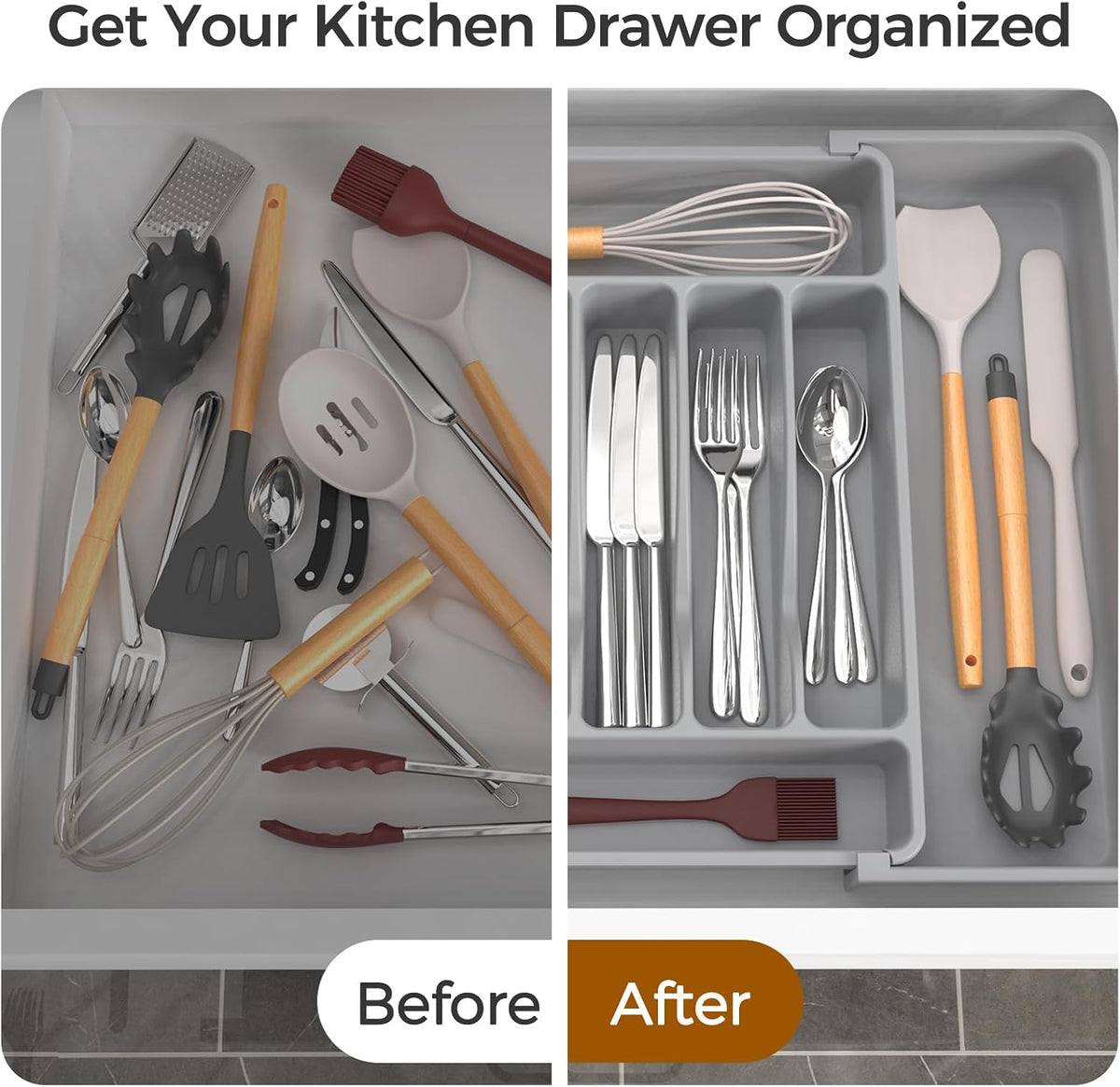 Extra Large Expandable Silverware Organizer, Flatware Tray, Black | BPA-Free Food-Safe Kitchen Utensil Cutlery Drawer Organizer, Adjustable Silverware Holder for Spoons Forks Knives