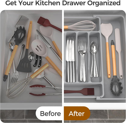 Extra Large Expandable Silverware Organizer, Flatware Tray, Black | BPA-Free Food-Safe Kitchen Utensil Cutlery Drawer Organizer, Adjustable Silverware Holder for Spoons Forks Knives