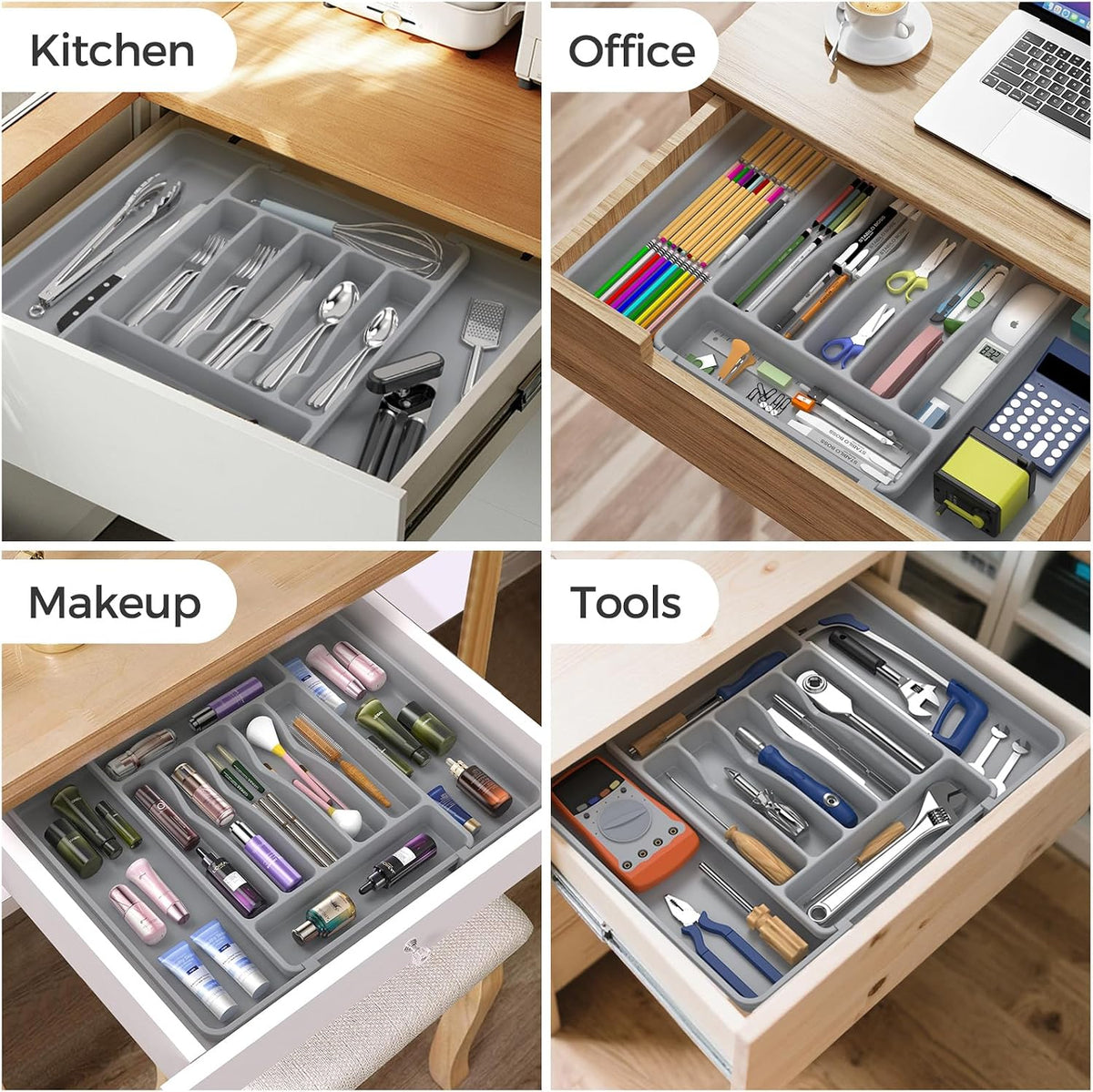 Extra Large Expandable Silverware Organizer, Flatware Tray, Black | BPA-Free Food-Safe Kitchen Utensil Cutlery Drawer Organizer, Adjustable Silverware Holder for Spoons Forks Knives