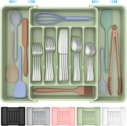 Extra Large Expandable Silverware Organizer, Flatware Tray, Black | BPA-Free Food-Safe Kitchen Utensil Cutlery Drawer Organizer, Adjustable Silverware Holder for Spoons Forks Knives