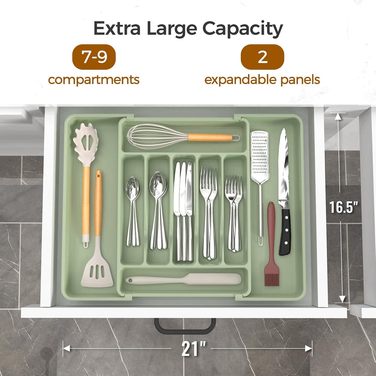 Extra Large Expandable Silverware Organizer, Flatware Tray, Black | BPA-Free Food-Safe Kitchen Utensil Cutlery Drawer Organizer, Adjustable Silverware Holder for Spoons Forks Knives