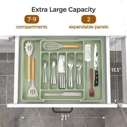Extra Large Expandable Silverware Organizer, Flatware Tray, Black | BPA-Free Food-Safe Kitchen Utensil Cutlery Drawer Organizer, Adjustable Silverware Holder for Spoons Forks Knives