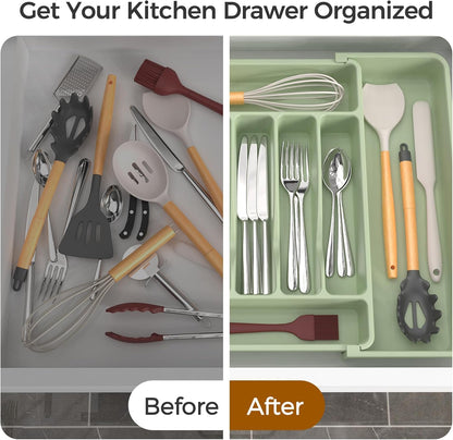Extra Large Expandable Silverware Organizer, Flatware Tray, Black | BPA-Free Food-Safe Kitchen Utensil Cutlery Drawer Organizer, Adjustable Silverware Holder for Spoons Forks Knives