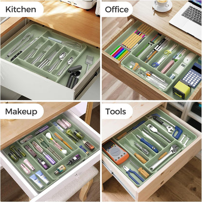 Extra Large Expandable Silverware Organizer, Flatware Tray, Black | BPA-Free Food-Safe Kitchen Utensil Cutlery Drawer Organizer, Adjustable Silverware Holder for Spoons Forks Knives