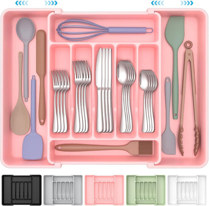 Extra Large Expandable Silverware Organizer, Flatware Tray, Black | BPA-Free Food-Safe Kitchen Utensil Cutlery Drawer Organizer, Adjustable Silverware Holder for Spoons Forks Knives