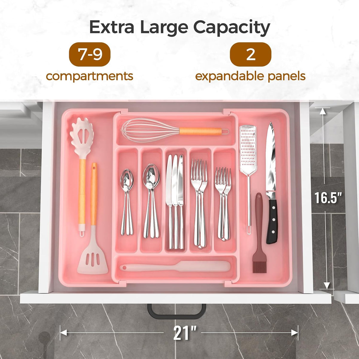 Extra Large Expandable Silverware Organizer, Flatware Tray, Black | BPA-Free Food-Safe Kitchen Utensil Cutlery Drawer Organizer, Adjustable Silverware Holder for Spoons Forks Knives