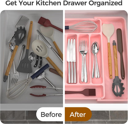 Extra Large Expandable Silverware Organizer, Flatware Tray, Black | BPA-Free Food-Safe Kitchen Utensil Cutlery Drawer Organizer, Adjustable Silverware Holder for Spoons Forks Knives