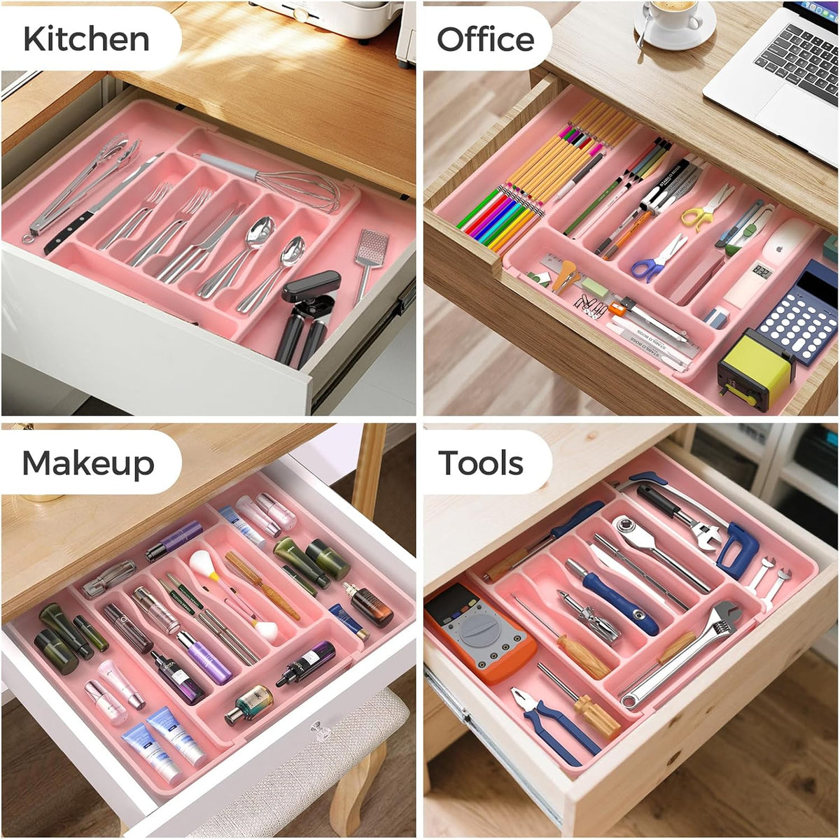 Extra Large Expandable Silverware Organizer, Flatware Tray, Black | BPA-Free Food-Safe Kitchen Utensil Cutlery Drawer Organizer, Adjustable Silverware Holder for Spoons Forks Knives