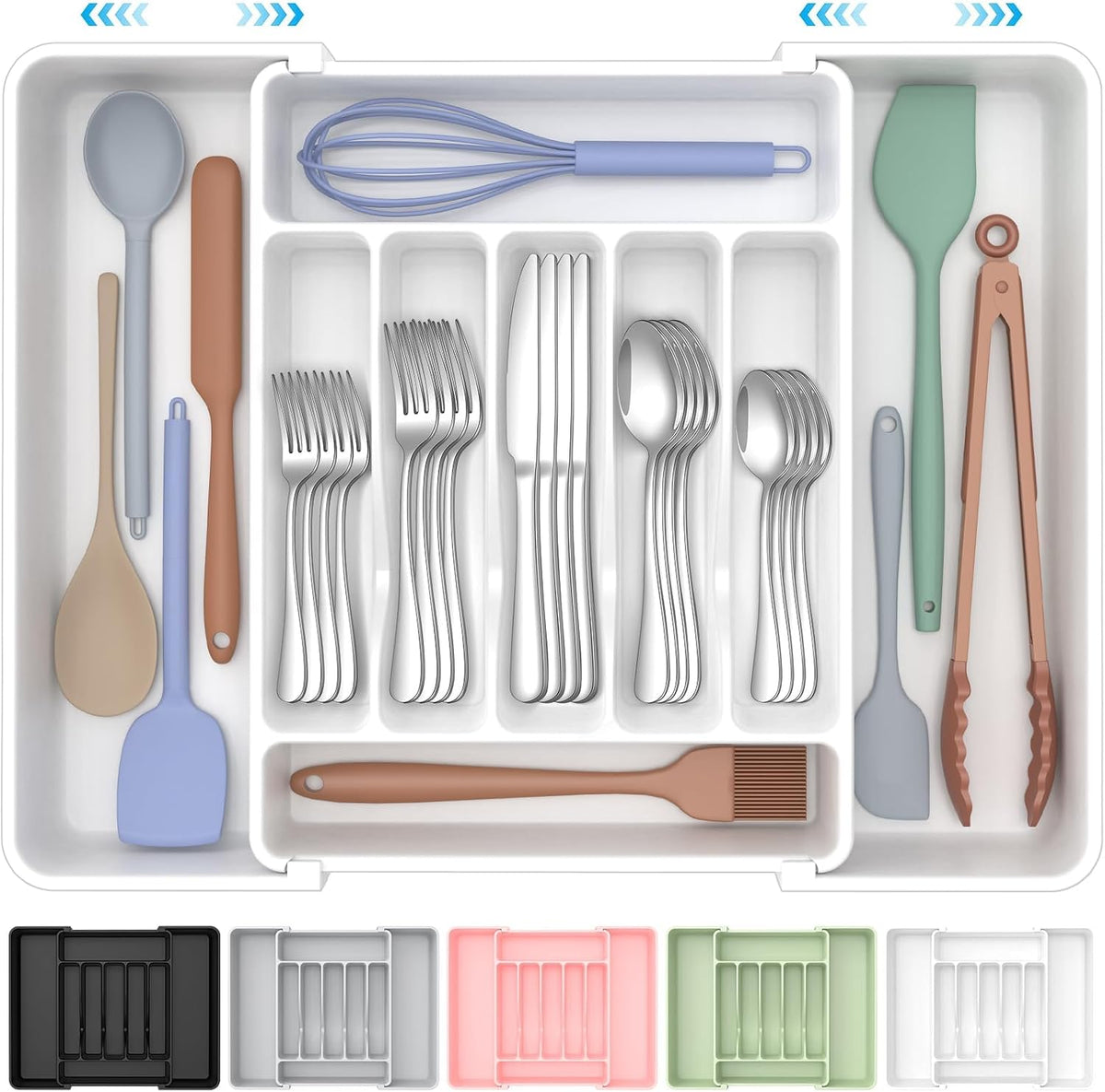Extra Large Expandable Silverware Organizer, Flatware Tray, Black | BPA-Free Food-Safe Kitchen Utensil Cutlery Drawer Organizer, Adjustable Silverware Holder for Spoons Forks Knives
