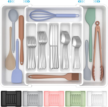 Extra Large Expandable Silverware Organizer, Flatware Tray, Black | BPA-Free Food-Safe Kitchen Utensil Cutlery Drawer Organizer, Adjustable Silverware Holder for Spoons Forks Knives
