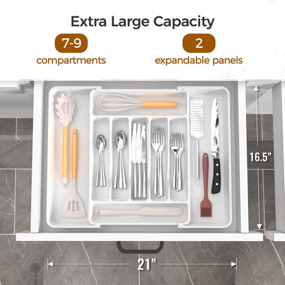 Extra Large Expandable Silverware Organizer, Flatware Tray, Black | BPA-Free Food-Safe Kitchen Utensil Cutlery Drawer Organizer, Adjustable Silverware Holder for Spoons Forks Knives