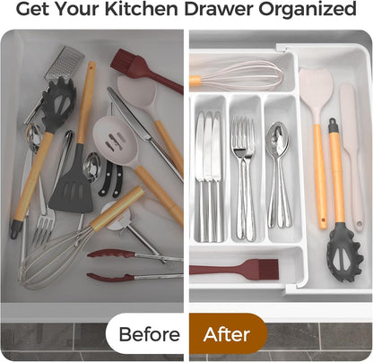 Extra Large Expandable Silverware Organizer, Flatware Tray, Black | BPA-Free Food-Safe Kitchen Utensil Cutlery Drawer Organizer, Adjustable Silverware Holder for Spoons Forks Knives