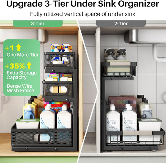 Under Sink Organizer, 3-Tier Height Adjustable Thickened Metal Pull out Cabinet Organizer Shelf, Slide out Storage Drawer Rack for Bathroom Kitchen Pantry Home Laundry Organization