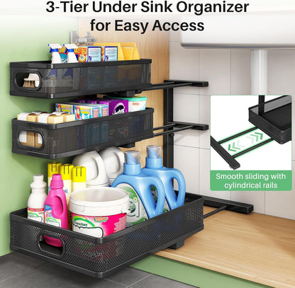 Under Sink Organizer, 3-Tier Height Adjustable Thickened Metal Pull out Cabinet Organizer Shelf, Slide out Storage Drawer Rack for Bathroom Kitchen Pantry Home Laundry Organization