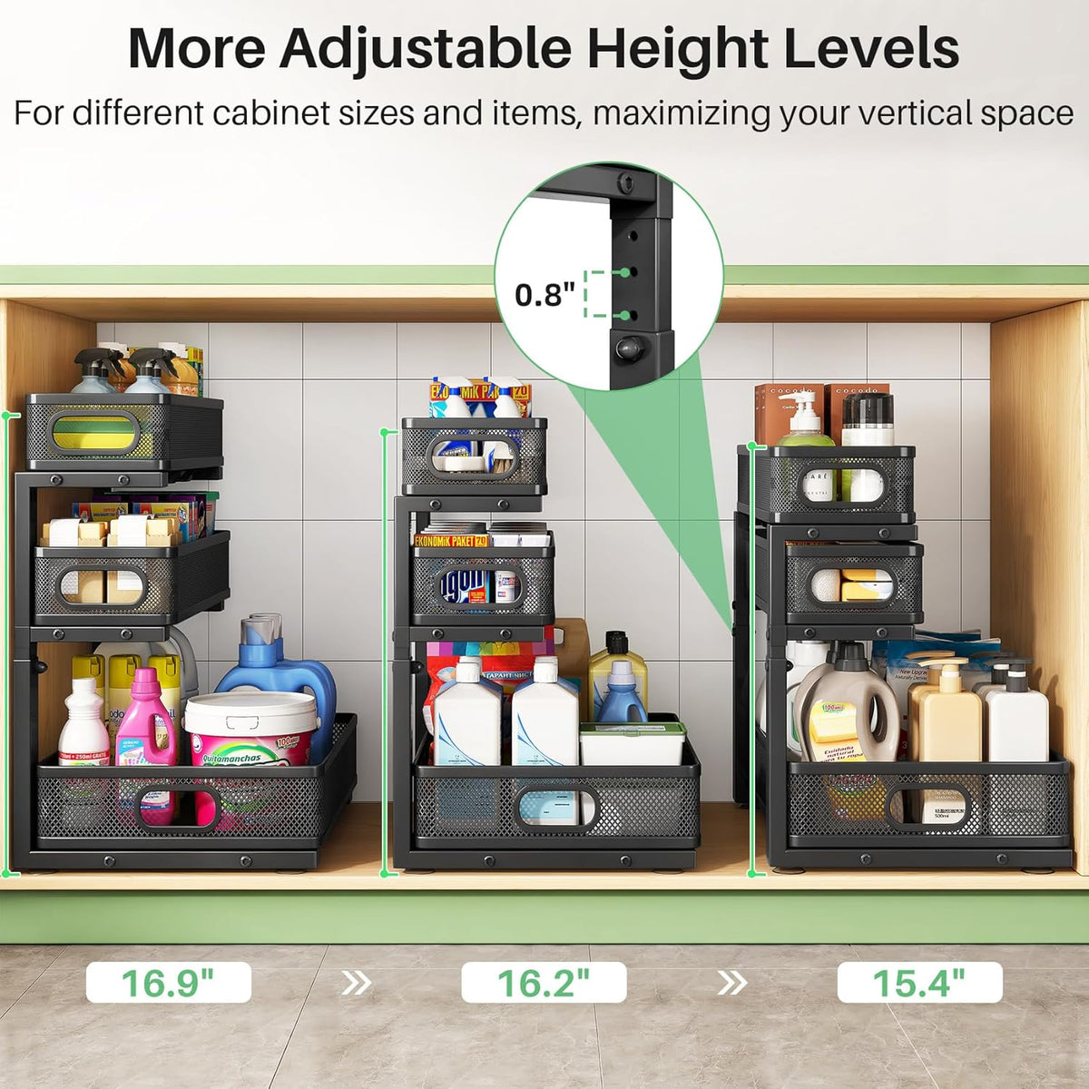 Under Sink Organizer, 3-Tier Height Adjustable Thickened Metal Pull out Cabinet Organizer Shelf, Slide out Storage Drawer Rack for Bathroom Kitchen Pantry Home Laundry Organization