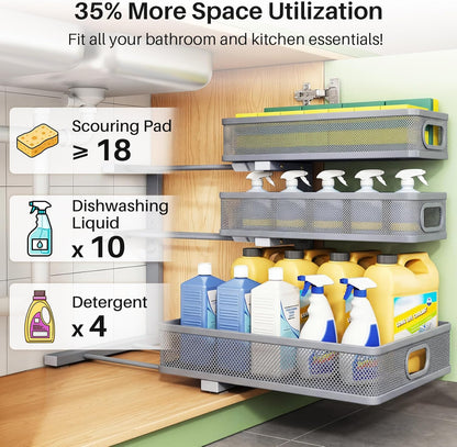 Under Sink Organizer, 3-Tier Height Adjustable Thickened Metal Pull out Cabinet Organizer Shelf, Slide out Storage Drawer Rack for Bathroom Kitchen Pantry Home Laundry Organization