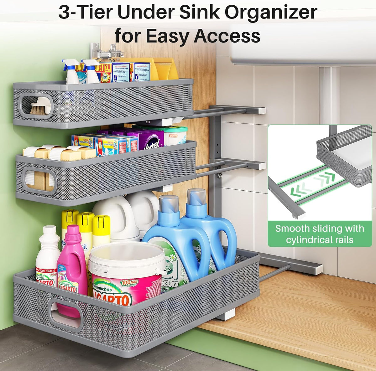 Under Sink Organizer, 3-Tier Height Adjustable Thickened Metal Pull out Cabinet Organizer Shelf, Slide out Storage Drawer Rack for Bathroom Kitchen Pantry Home Laundry Organization