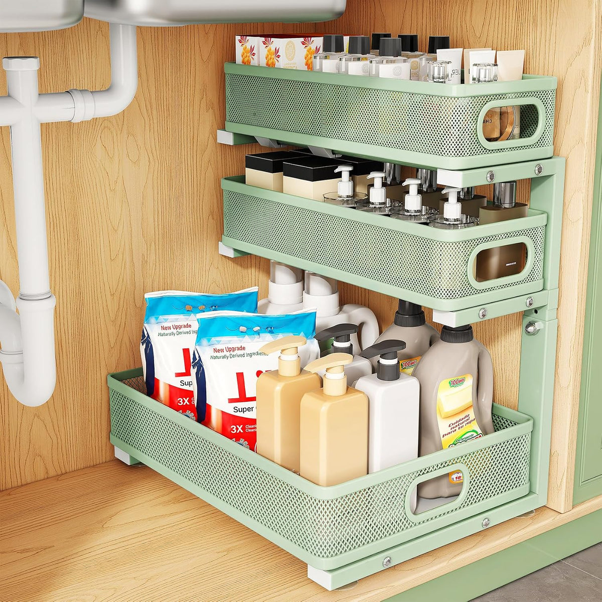 Under Sink Organizer, 3-Tier Height Adjustable Thickened Metal Pull out Cabinet Organizer Shelf, Slide out Storage Drawer Rack for Bathroom Kitchen Pantry Home Laundry Organization