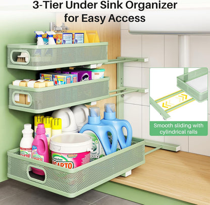 Under Sink Organizer, 3-Tier Height Adjustable Thickened Metal Pull out Cabinet Organizer Shelf, Slide out Storage Drawer Rack for Bathroom Kitchen Pantry Home Laundry Organization