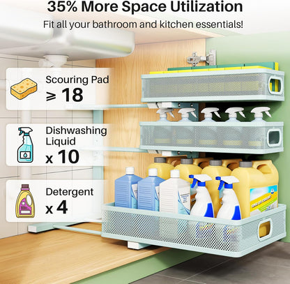 Under Sink Organizer, 3-Tier Height Adjustable Thickened Metal Pull out Cabinet Organizer Shelf, Slide out Storage Drawer Rack for Bathroom Kitchen Pantry Home Laundry Organization