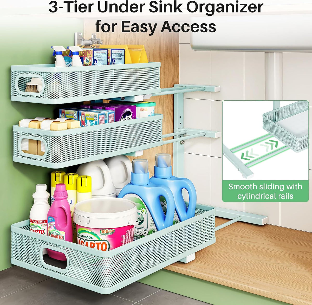 Under Sink Organizer, 3-Tier Height Adjustable Thickened Metal Pull out Cabinet Organizer Shelf, Slide out Storage Drawer Rack for Bathroom Kitchen Pantry Home Laundry Organization