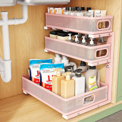 Under Sink Organizer, 3-Tier Height Adjustable Thickened Metal Pull out Cabinet Organizer Shelf, Slide out Storage Drawer Rack for Bathroom Kitchen Pantry Home Laundry Organization
