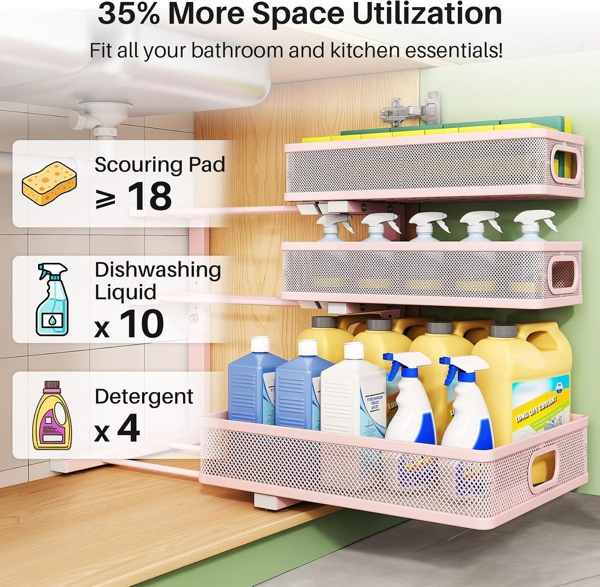 Under Sink Organizer, 3-Tier Height Adjustable Thickened Metal Pull out Cabinet Organizer Shelf, Slide out Storage Drawer Rack for Bathroom Kitchen Pantry Home Laundry Organization