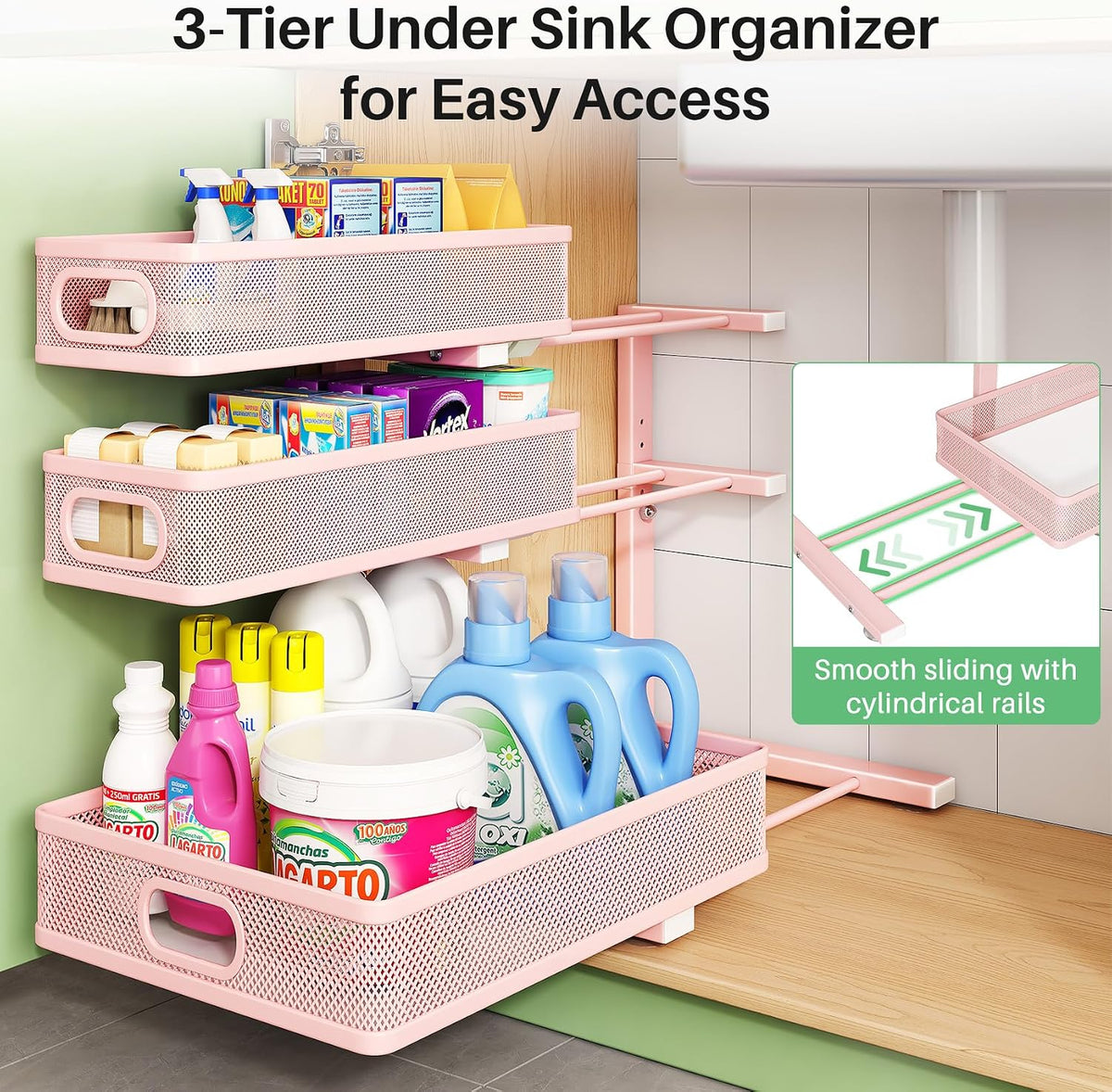 Under Sink Organizer, 3-Tier Height Adjustable Thickened Metal Pull out Cabinet Organizer Shelf, Slide out Storage Drawer Rack for Bathroom Kitchen Pantry Home Laundry Organization