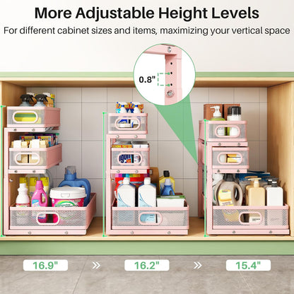 Under Sink Organizer, 3-Tier Height Adjustable Thickened Metal Pull out Cabinet Organizer Shelf, Slide out Storage Drawer Rack for Bathroom Kitchen Pantry Home Laundry Organization