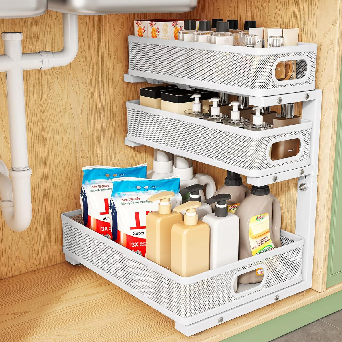 Under Sink Organizer, 3-Tier Height Adjustable Thickened Metal Pull out Cabinet Organizer Shelf, Slide out Storage Drawer Rack for Bathroom Kitchen Pantry Home Laundry Organization