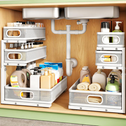 Under Sink Organizer, 3-Tier Height Adjustable Thickened Metal Pull out Cabinet Organizer Shelf, Slide out Storage Drawer Rack for Bathroom Kitchen Pantry Home Laundry Organization