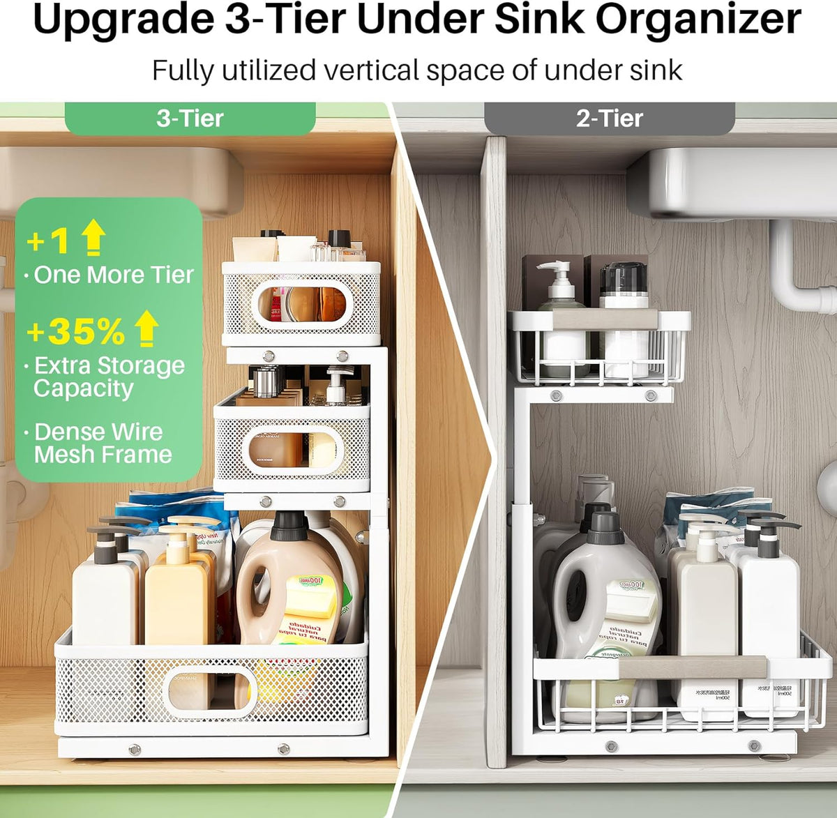 Under Sink Organizer, 3-Tier Height Adjustable Thickened Metal Pull out Cabinet Organizer Shelf, Slide out Storage Drawer Rack for Bathroom Kitchen Pantry Home Laundry Organization