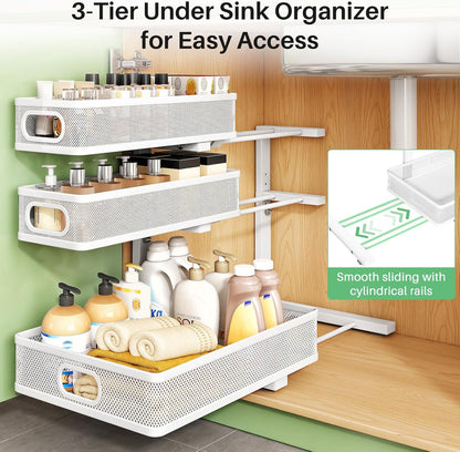 Under Sink Organizer, 3-Tier Height Adjustable Thickened Metal Pull out Cabinet Organizer Shelf, Slide out Storage Drawer Rack for Bathroom Kitchen Pantry Home Laundry Organization