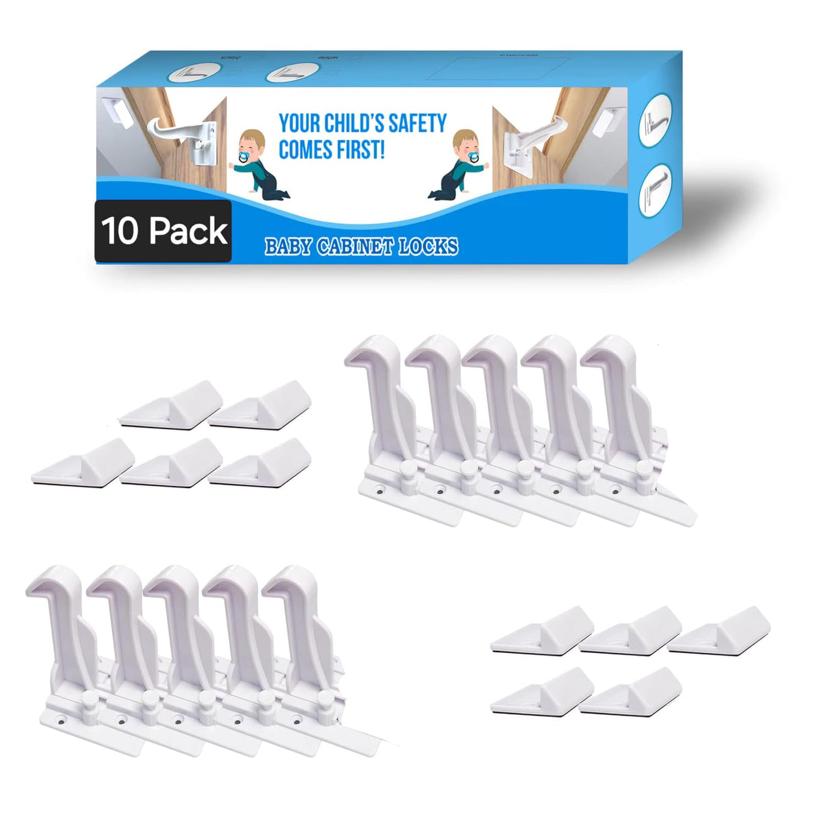 10 Pack Child Cabinet Locks, Baby Proofing Safety Locks for Cabinets, Drawers, Appliances, Easy Installation, No Drilling Required, Ideal for Toddlers and Babies (10P white)